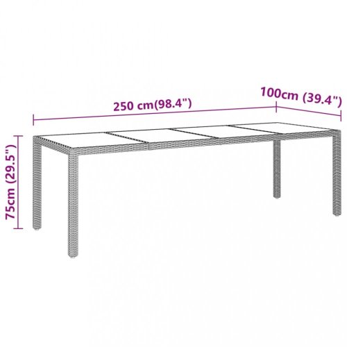 Zahradní stůl 250 x 100 x 75 cm tvrzené sklo a polyratan černý