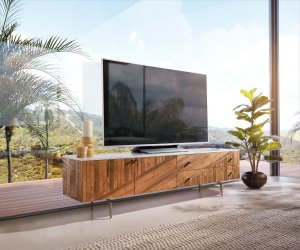 TV stolek Bahan 175 cm mango teak 2 dvířka 2 zásuvky mramorová deska