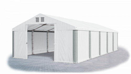 Skladový stan 5x10x2,5m střecha PVC 560g/m2 boky PVC 500g/m2 konstrukce ZIMA PLUS - Barva střešní plachty: Bílá, Barva boční plachty: Bílá, Barva svislých pruhů: Šedá