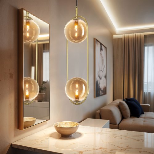 Závesná lampa CORDEL vintage - zlatá mosadz s jantárovými guľôčkovými tienidlami - elegantné osvetlenie obývačky 2x G9 LED