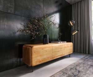 TV stolík Shavani 175 cm akácia prírodná 2 dvierka 2 zásuvky oválna