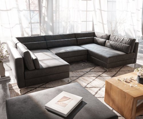 Pohovka ve tvaru "U" Elio 300x185 cm imitace kůže vintage antracitová