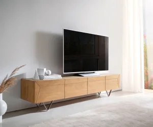 TV stolík Kayu 200 cm akácia prírodná 4 dvierka podstava v tvare V