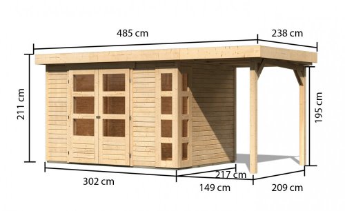 Dřevěný zahradní domek KERKO 4 s přístavkem 150 Dekorhome - BAREVNÁ VARIANTA: Přírodní dřevo