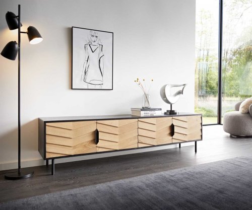 TV stolek Muvi 200 cm přírodní dub mango černá kov černá 4 dvířka
