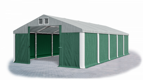 Skladový stan 5x10x2,5m střecha PVC 560g/m2 boky PVC 500g/m2 konstrukce ZIMA PLUS - Barva střešní plachty: Šedá, Barva boční plachty: Zelená, Barva svislých pruhů: Bílá