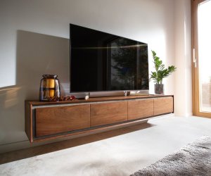 TV stolek Stonegrace 200 cm akácie hnědá kamenná dýha 4 dvířka závěsné