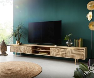 TV stolek Budaya mango přírodní 260 cm 4 dvířka 2 přihrádky podnož