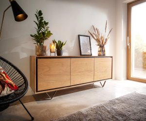 Komoda Stonegrace 175 cm přírodní akácie 3 dvířka 3 přihrádky kamenná
