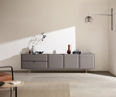 TV stolek Marellia 220 cm šedý 3 dvířka 2 zásuvky úhlová podnož
