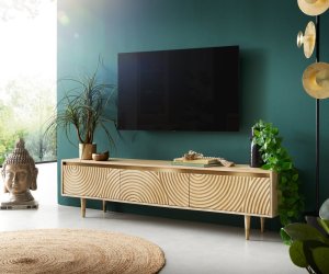 TV stolek Budaya mango přírodní 175 cm 3 dvířka kulatá podnož