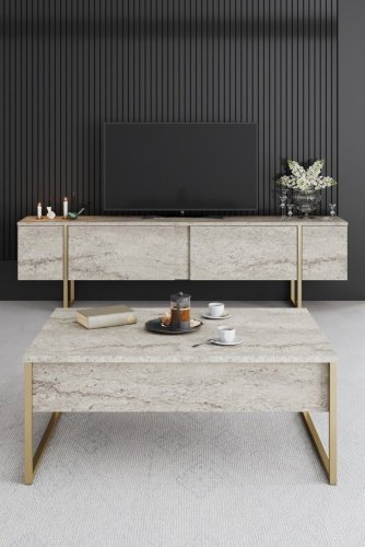 TV stolek Luxe - Travertine, Gold
