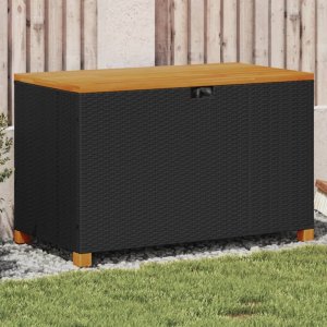 Zahradní úložný box černý 110x55x63 cm polyratan akáciové dřevo
