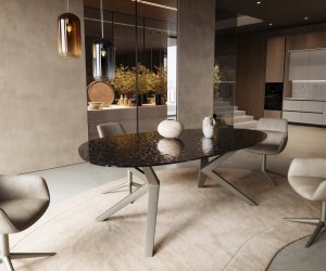 Jedálenský stôl Edge oválny 220x120 reliéfne sklo dymovo čierna 3D