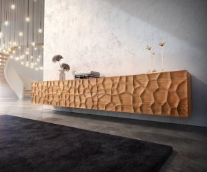 TV stolek Solu 260 cm přírodní akácie 2 dvířka 6 zásuvek 3D