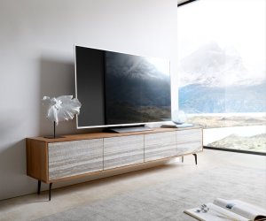 TV stolek Kleo 200 cm přírodní akácie 4 dvířka šikmá podnož černý kov