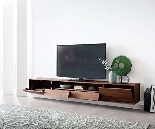 TV stolek Eloi 240x35 cm akácie hnědá 2 dvířka 2 zásuvky závěsné
