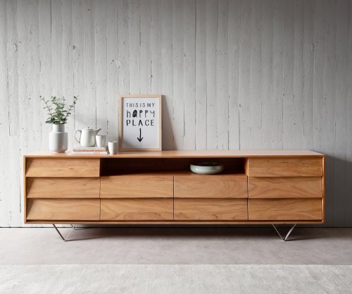 Komoda Eloi 240x40 cm přírodní akácie 2 dvířka 6 zásuvek podnož ve