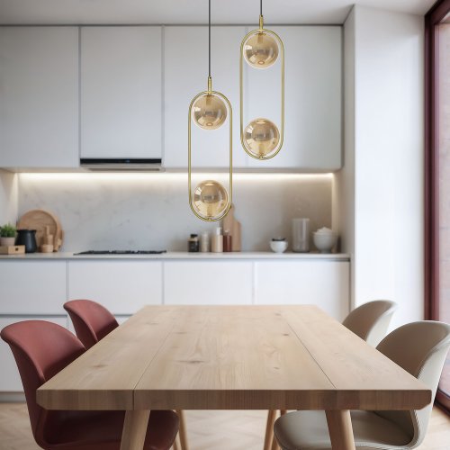 Závesná lampa CORDEL vintage - zlatá mosadz s jantárovými guľôčkovými tienidlami - elegantné osvetlenie obývačky 2x G9 LED