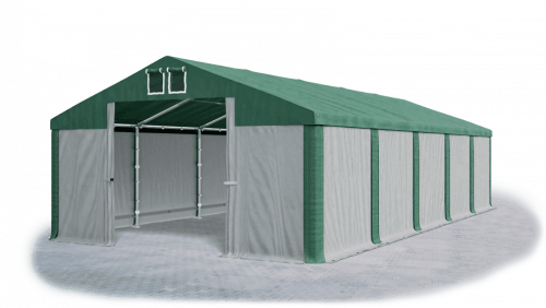 Skladový stan 5x10x2,5m střecha PVC 560g/m2 boky PVC 500g/m2 konstrukce ZIMA PLUS - Barva střešní plachty: Zelená, Barva boční plachty: Šedá, Barva svislých pruhů: Zelená