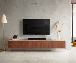 TV stolek Secara 220 cm akácie hnědá 4 dvířka mramor závěsné
