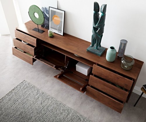 Komoda Eloi 240x40 cm akácie hnědá 2 dvířka 4 zásuvky podnož ve tvaru