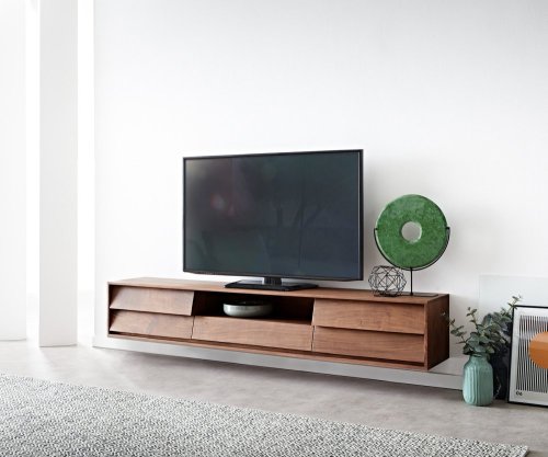 TV stolek Eloi 200x35 cm akácie hnědá 2 dvířka 1 zásuvka závěsné