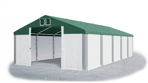 Skladový stan 5x10x2,5m strecha PVC 560g/m2 boky PVC 500g/m2 konštrukcie ZIMA PLUS - Barva střešní plachty: Zelená, Barva boční plachty: Bílá, Barva svislých pruhů: Šedá
