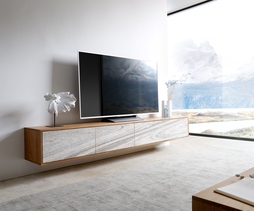 TV stolík Kleo 220 cm prírodná akácia 4 dvierka na zavesenie