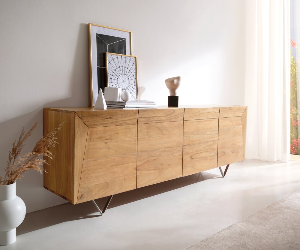 Komoda Kayu 200x40x70 cm prírodná akácia 4 dvierka podstavec v tvare V