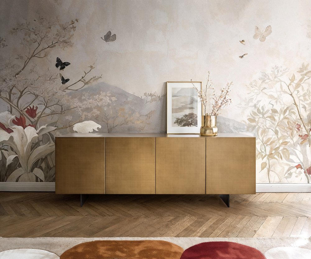 Příborník Aira 200 cm zlatá metalíza 4 dvířka plovoucí kov