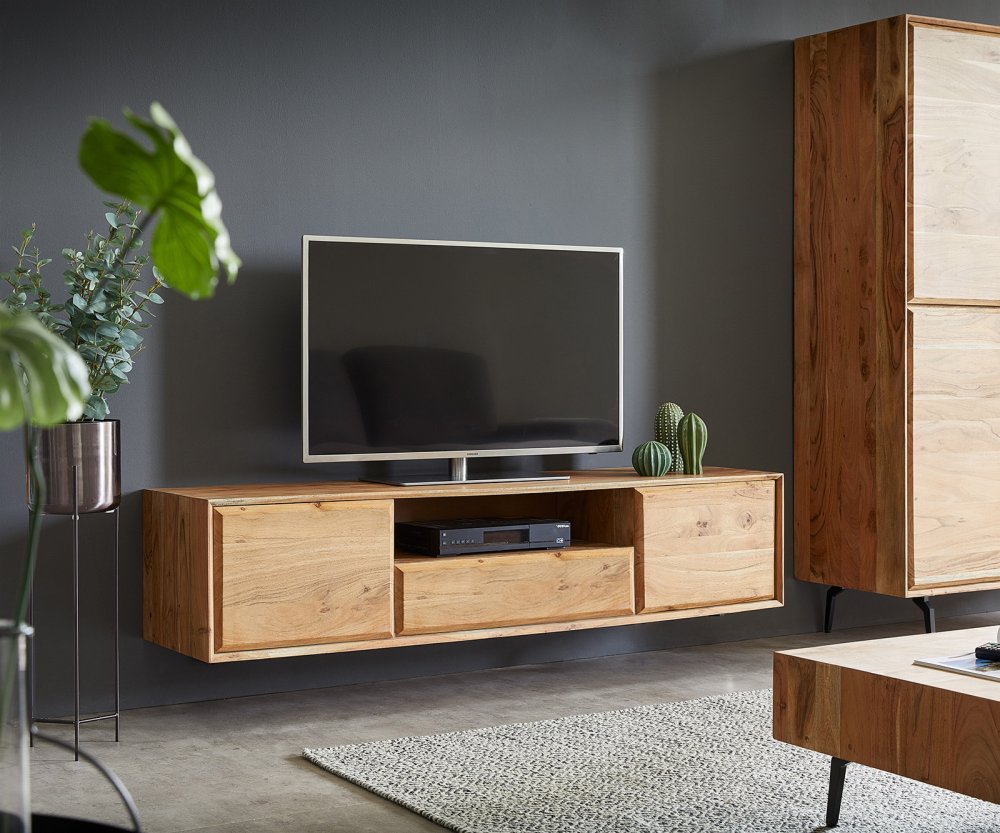TV stolík Shari 160 cm acacia naturel 2 portes 1 tiroir 1 compartiment