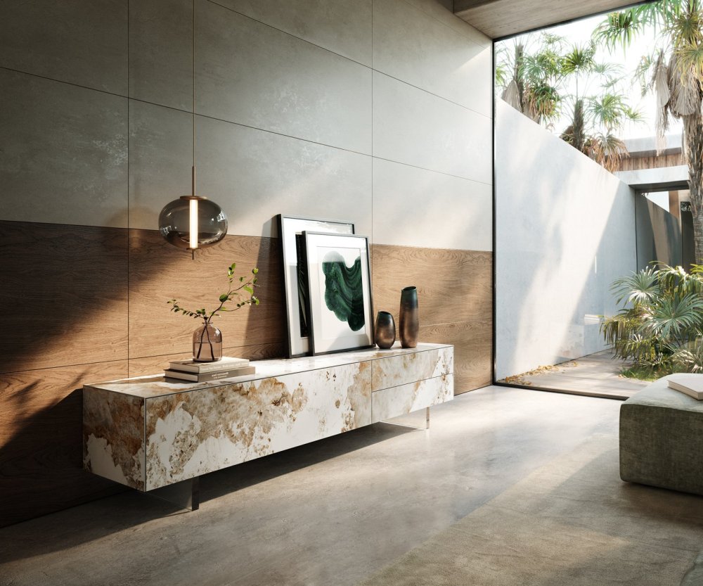 TV stolík Cuor 220 cm keramika Minas Melange bielo-béžová 1 výklopné