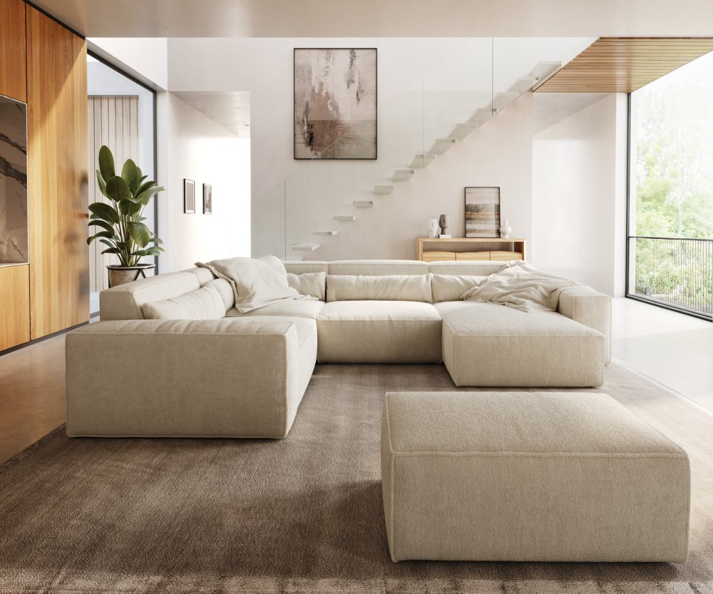 Pohovka v tvare "U" Sirpio 300x200 cm bouclé bielo-krémová ležadlo