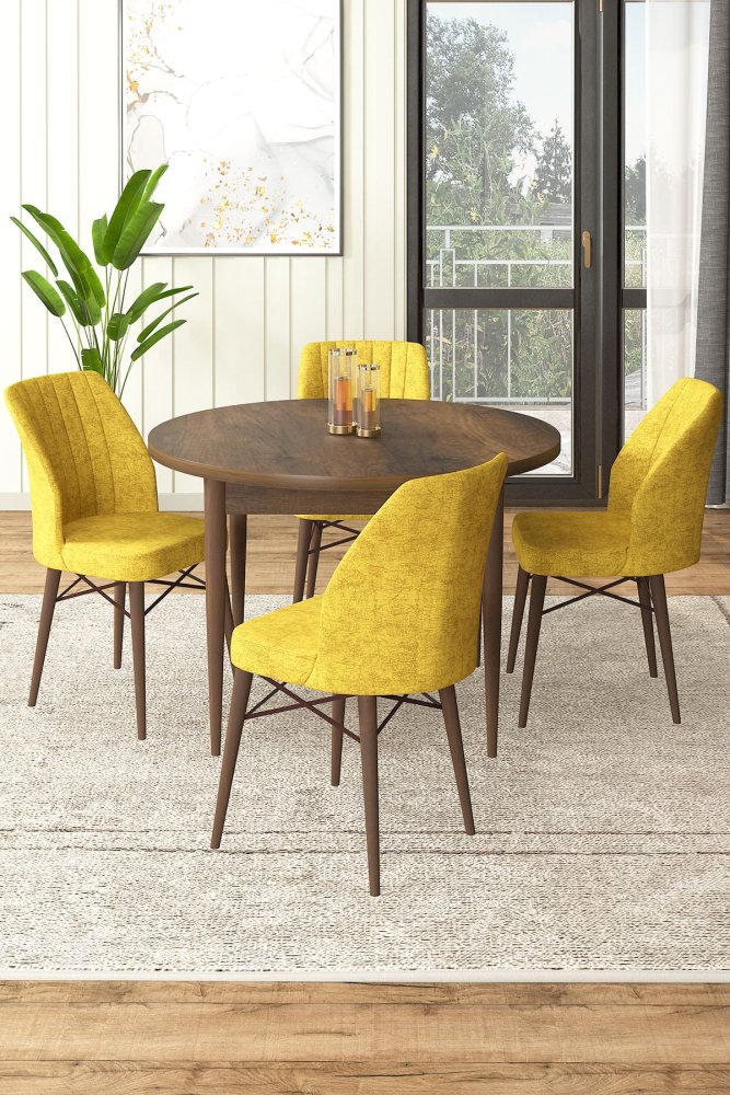 Dining Table & Chairs Set (5 Pieces) Rox - Baroque, Mustard