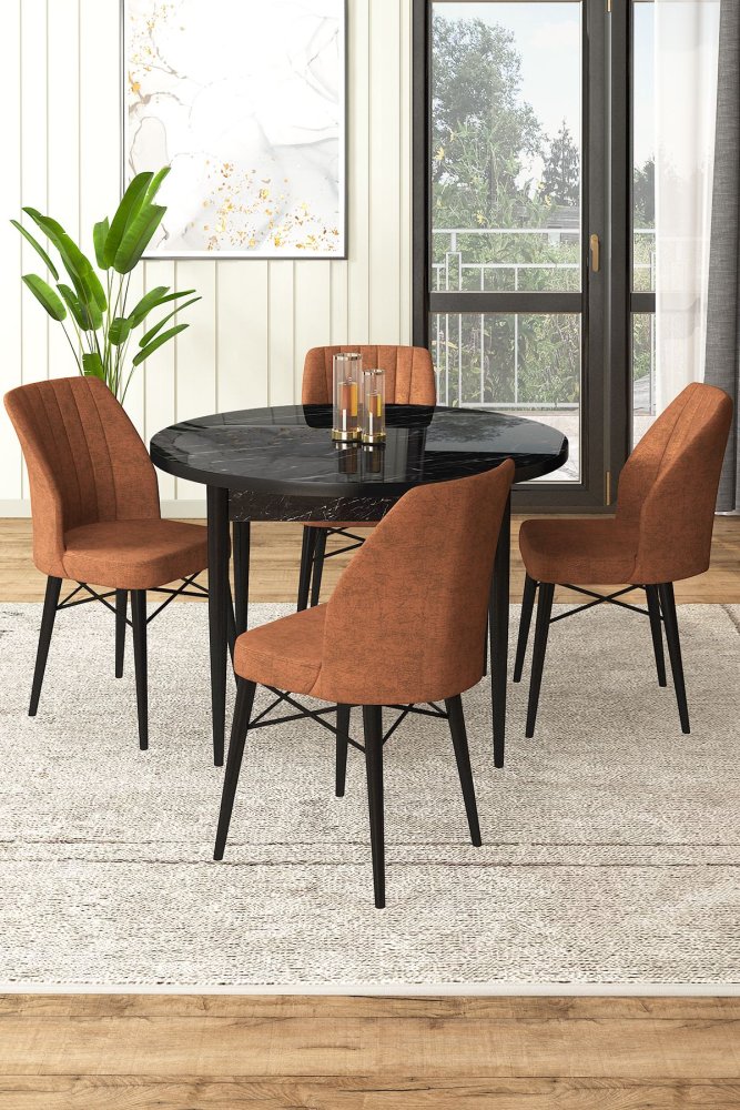 Dining Table & Chairs Set (5 Pieces) Rox - Black Marble, Tile Red