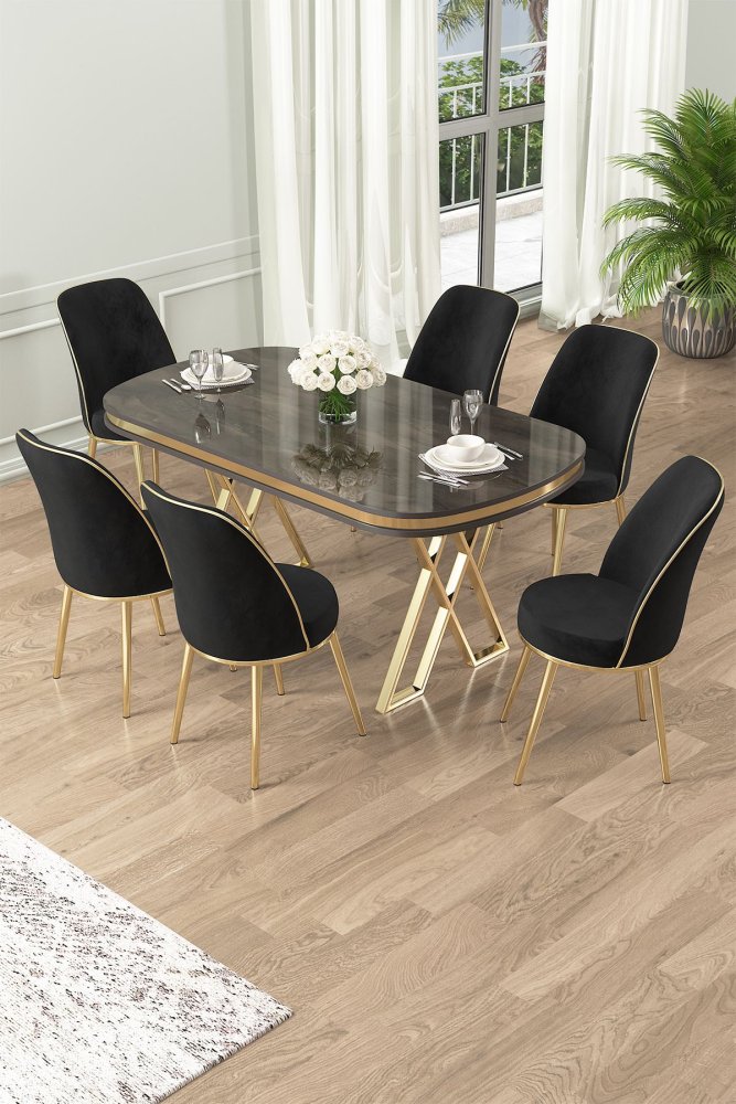Dining Table & Chairs Set (7 Pieces) Lai - Anthracite, Gold, Black