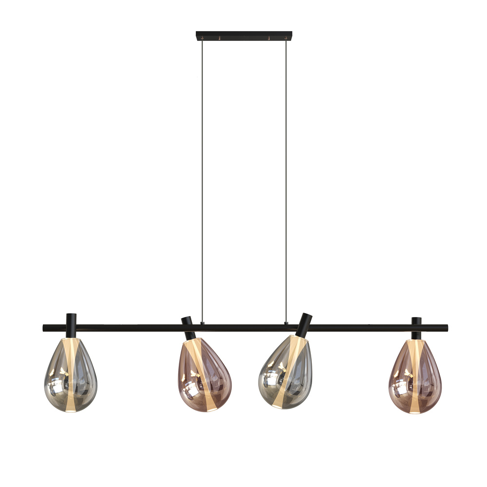 Lampa wisząca Denso szklana czarna nad stół potrójna z kloszami dymionymi i miedzianymi