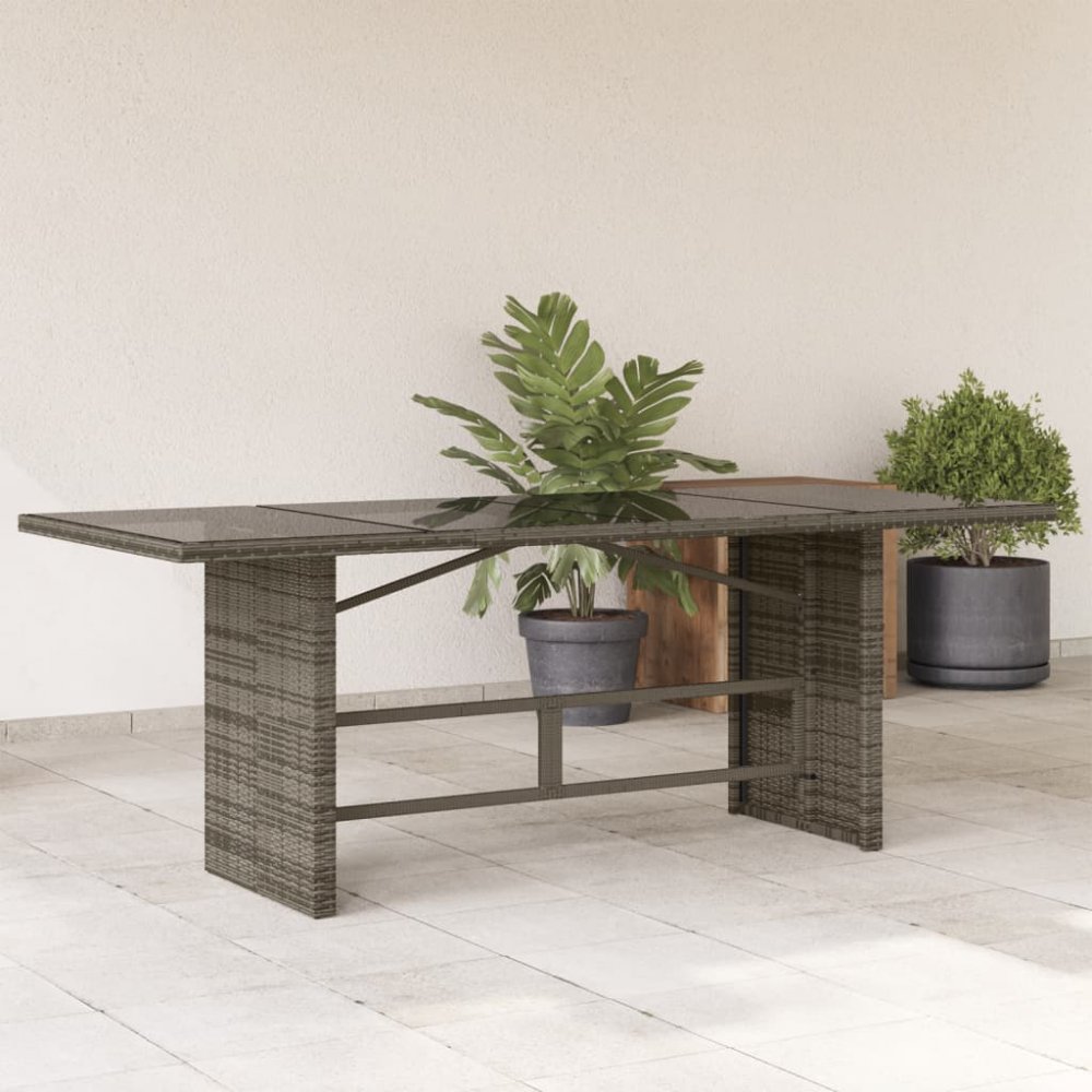 Zahradní stůl se skleněnou deskou šedý 190x80x74 cm polyratan