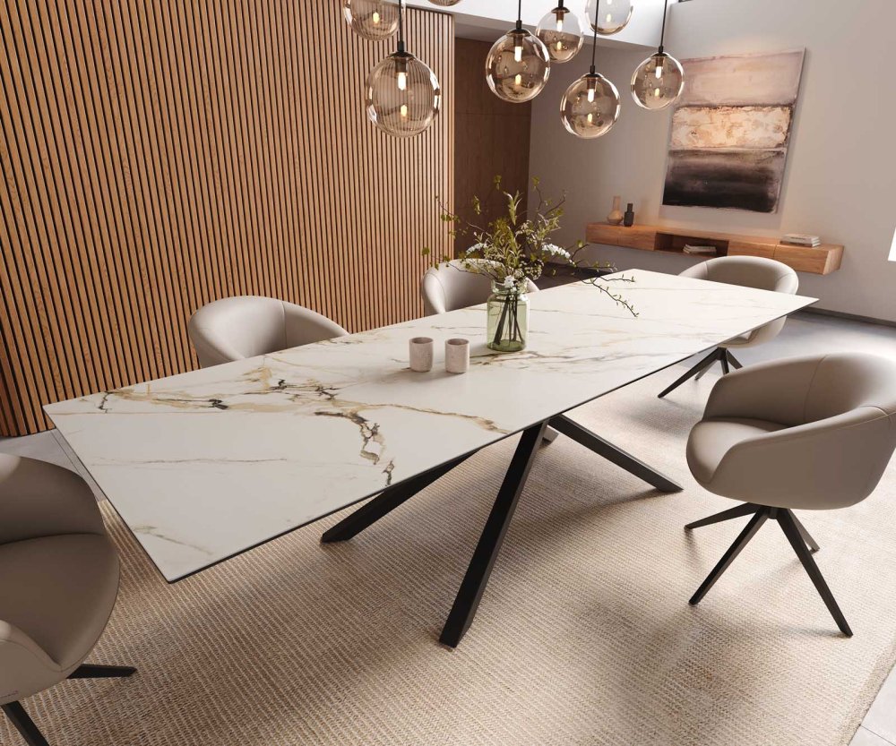 Jedálenský stôl Edge 300x100 keramický Calacatta Luxe bielo-zlato-šedý