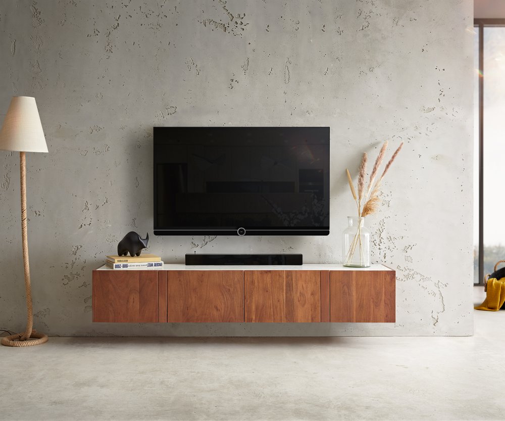 TV stolek Secara 175 cm akácie hnědá 4 dvířka mramor závěsné