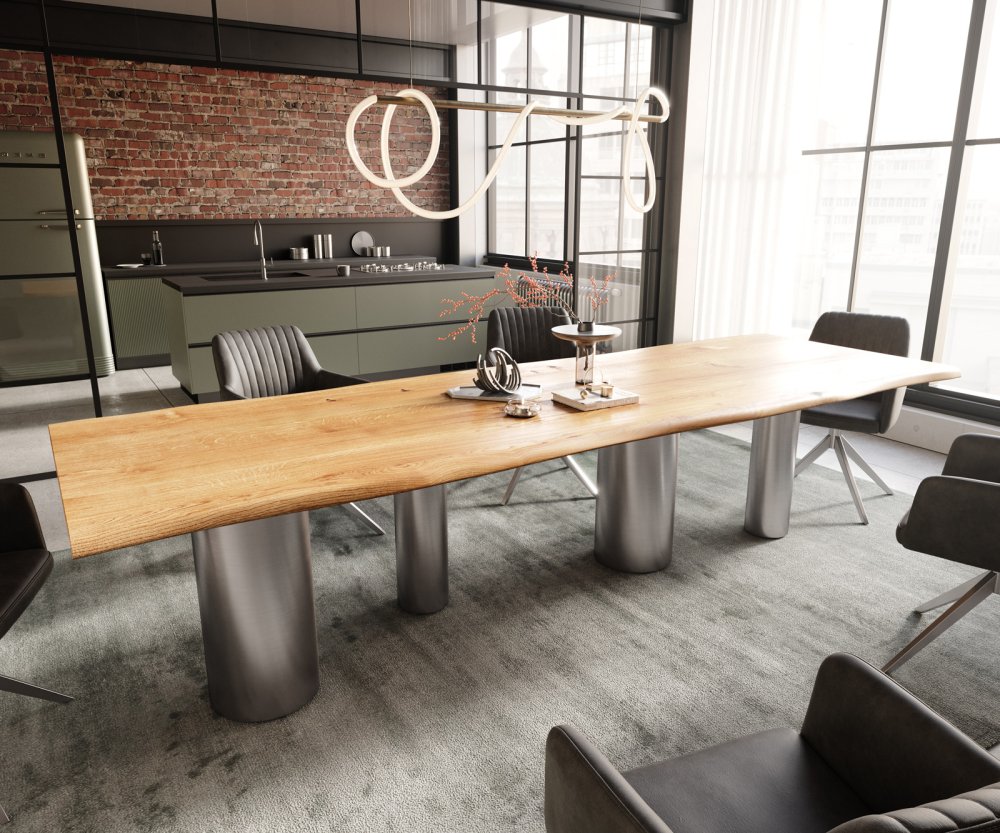 Jídelní stůl Edge 300x100x4 přírodní dub podnož Pilier nerezová