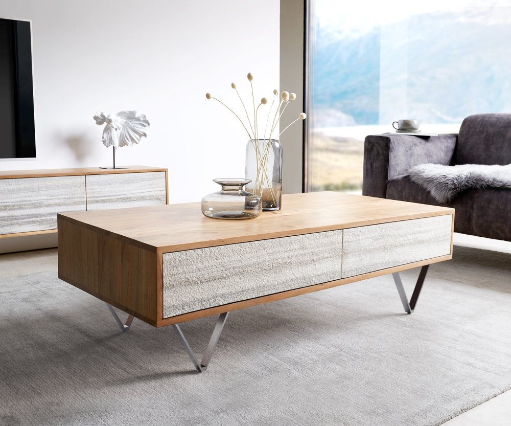 Konferenční stolek Kleo 115x60 cm přírodní akácie 4 zásuvky