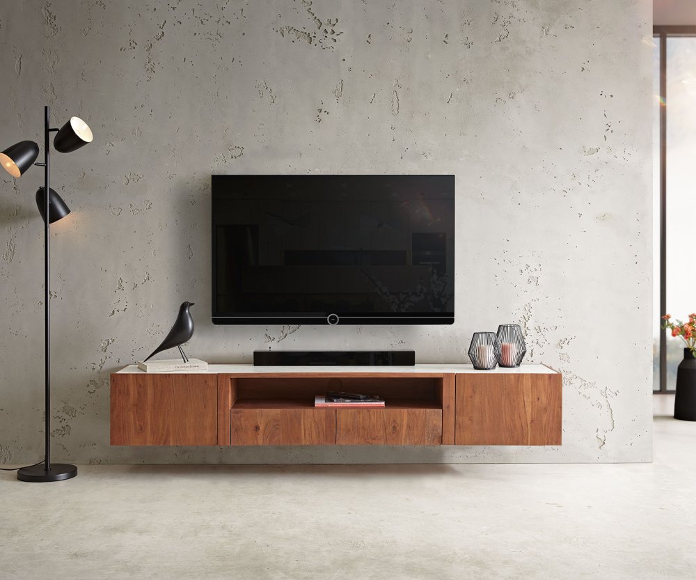 TV stolík Secara 200 cm akáciová hnedá 2 dvierka 2 zásuvky mramorový