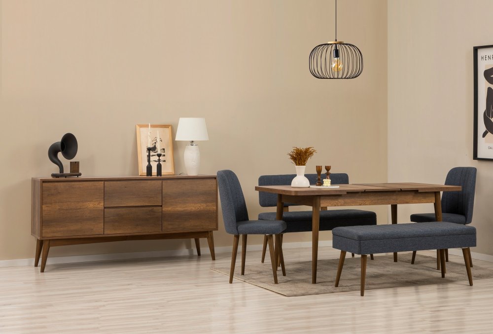 Set s rozkladacím stolom, stoličkami a konzolou (6 kusov) Vina Bench 04 1048 - Walnut, Dark Blue