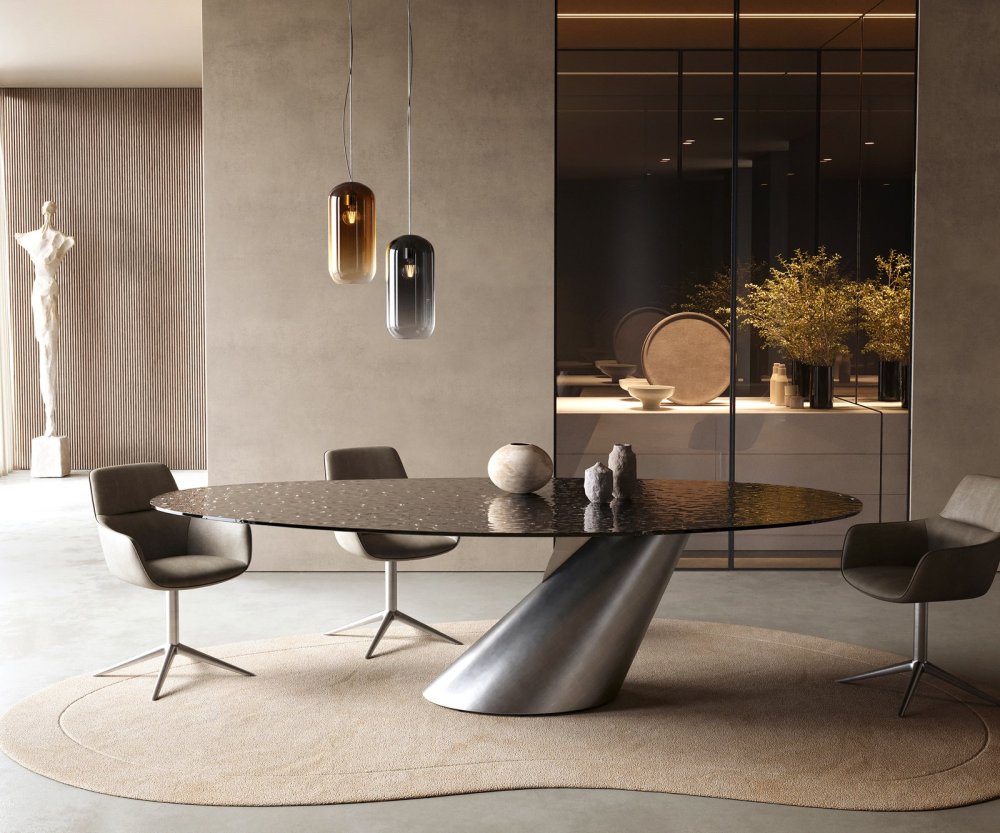 Jedálenský stôl Edge oválny 280x130 reliéfne sklo dymovo čierna 3D