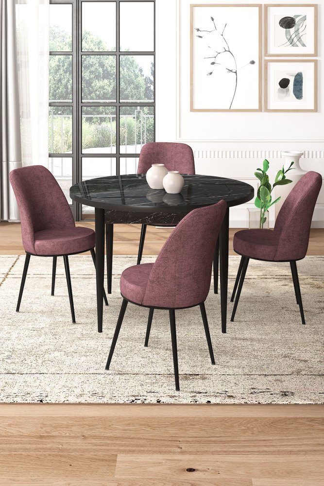 Dining Table & Chairs Set (5 Pieces) Tor - Black Marble, Dusty Rose