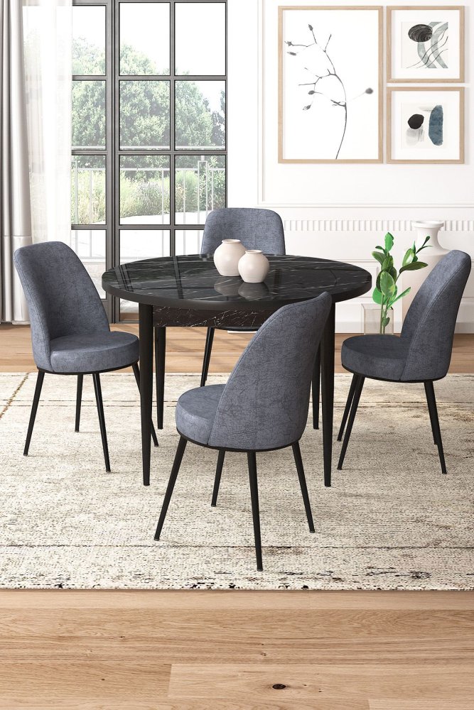 Dining Table & Chairs Set (5 Pieces) Tor - Black Marble, Fume