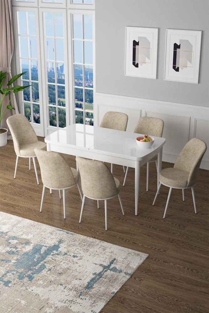 Extendable Dining Table & Chairs Set (7 Pieces) Zen - White, Cream