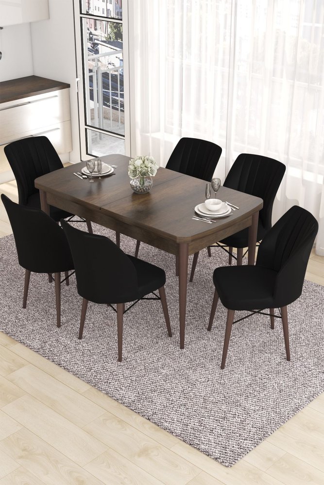 Extendable Dining Table & Chairs Set (7 Pieces) Eva - Baroque, Black